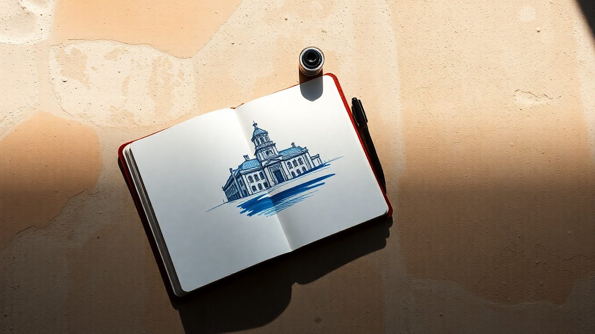 Otvorena bilježnica i arhitektonska skica na kamenoj površini u indigo tonovima